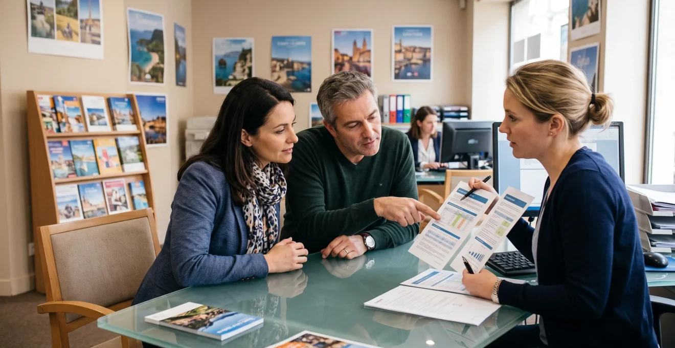 Un couple compare deux offres d'assurance voyage présentées par un conseiller dans une agence de voyages en France.