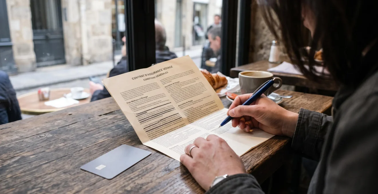 Une main tenant une carte bancaire au-dessus d'un contrat d'assurance voyage en cours de comparaison sur une table.
