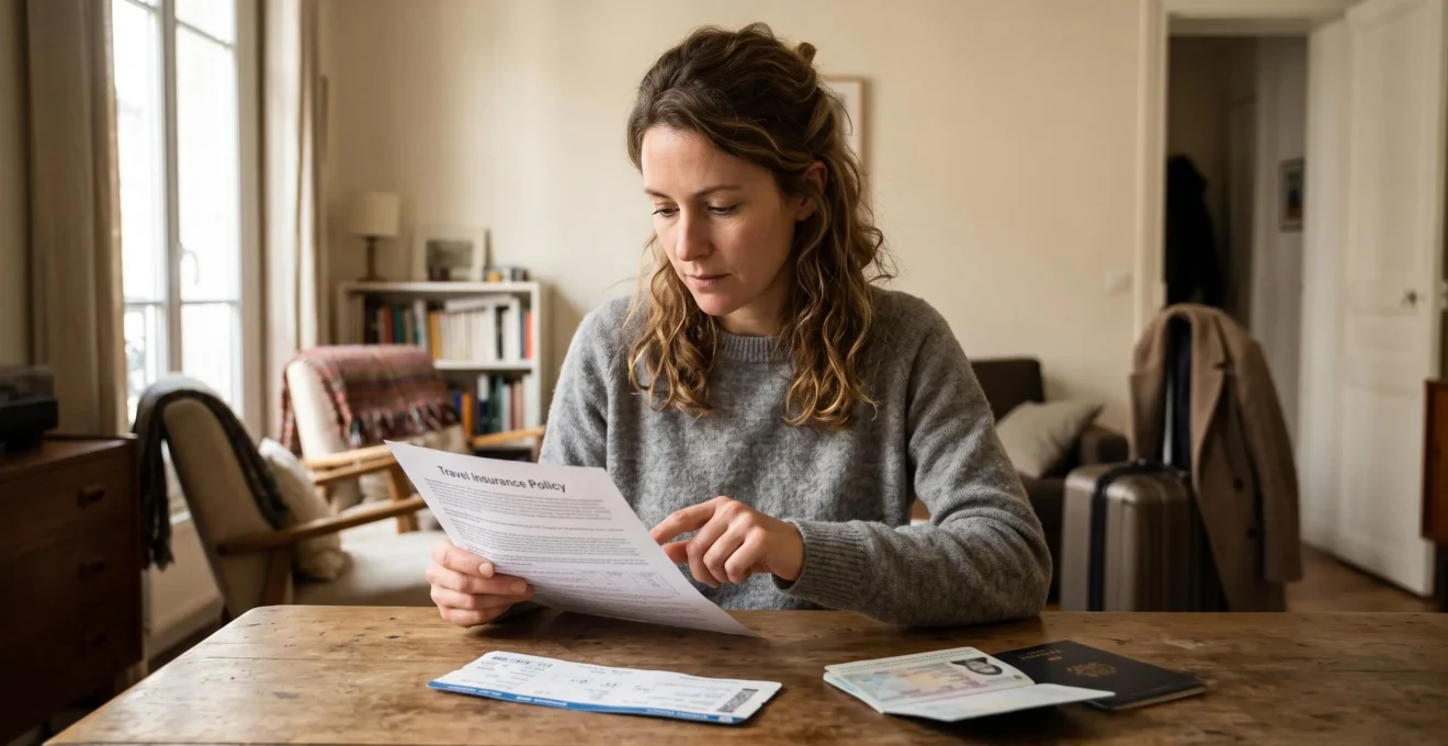Une voyageuse compare un contrat d'assurance voyage avec son passeport et son billet sur une table, avant son départ.