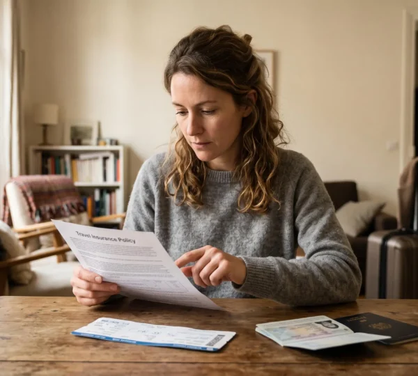 Une voyageuse compare un contrat d'assurance voyage avec son passeport et son billet sur une table, avant son départ.